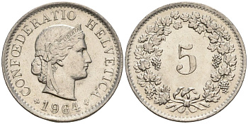 Швейцария 5 раппенов 1964 B KM 26 медно-никель 4608-453