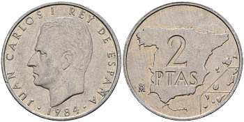Испания 2 песеты 1984 карта, Хуан Карлос I (1975-2014) KM 822 алюминий 4398-142
