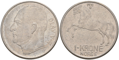 НОРВЕГИЯ 1 КРОНА 1971 ОЛАФ V KM 409 медно-никель 106-316