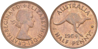 Австралия 1/2 пенни 1964 p, Елизавета II (1952-2022), кенгуру KM 61 бронза 4514-844