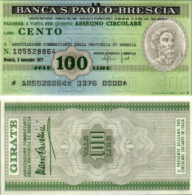 Италия 100 лир 1977 3 ноября 1977 Banca S.Paolo-Brescia бумага UNC (пресс) 7221-28-3-1