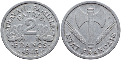 Франция 2 франка 1943 правительство Виши KM 904.1 алюминий 4397-721