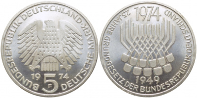 ФРГ 5 марок 1974 F, 25 лет со дня принятия конституции ФРГ KM 138, J.413 серебро 109-644
