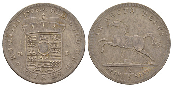 Брауншвейг-Каленберг-Ганновер 2/3 талера 1708 HB, Георг I (1698-1727), из коллекции Ричарда Б. Смита Davenport 419, KM 48 Welter 2154 серебро 00-821-19