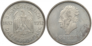 Германия 3 марки 1932 D, 100 лет со дня смерти Иоганна Вольфганга фон Гёте J. 350, KM 76 серебро UNC 00-805-52