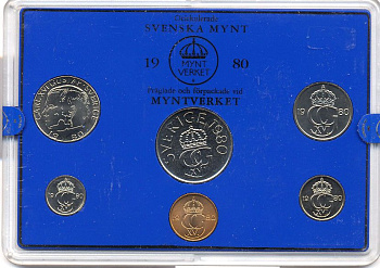 Швеция набор монетного двора из 6 монет 1980 в пластике, Карл XVI Густав (1973- ) KM MS15 UNC 4-3-6-125