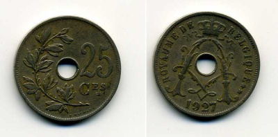 БЕЛЬГИЯ 25 САНТИМОВ 1927 BELGIQUE KM 68.1 медно-никель 37-1223
