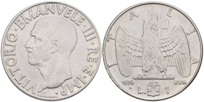 Италия 1 лира 1939 R, XVII год, Виктор Эммануил III (1900-1946), немагнитная, ГУРТ РИФЛЁНЫЙ KM 77а, VEM3. 1096 a) нержавеющая сталь 3855-326