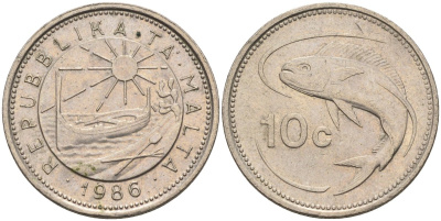 Мальта 10 центов 1986 золотая макрель KM 76 медно-никель 4588-146