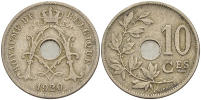 БЕЛЬГИЯ 10 САНТИМОВ 1920 BELGIQUE KM 85.1 медно-никель 4529-133