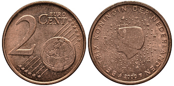 НИДЕРЛАНДЫ 2 ЕВРОЦЕНТА 2000 КОРОЛЕВА БЕАТРИКС KM 235 сталь плакированная медью 4181-431