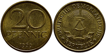 ГДР 20 пфеннигов 1969 А, первый год KM 11 латунь UNC 4398-154