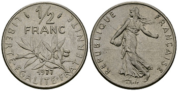 Франция 1/2 франка 1977 сеятель KM 931 никель 4135-721