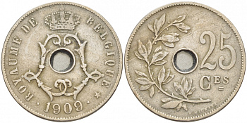 БЕЛЬГИЯ 25 САНТИМОВ 1909 BELGIQUE KM 62 медно-никель 87-1525