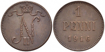 РОССИЯ ДЛЯ ФИНЛЯНДИИ 1 ПЕННИ 1916 НИКОЛАЙ II (1895-1917) KM 13, Биткин 476 медь 211-1069