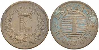 ДАНИЯ 1 СКИЛЛИНГ РИГСМОНТ 1863 с KM 763 (С 135) бронза 3309-925