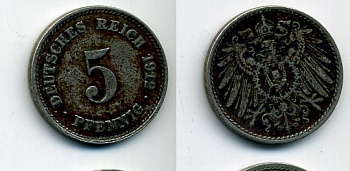 ГЕРМАНИЯ 5 ПФЕННИГОВ 1912 J, KM 11, J. 12 медно-никель 29-1127