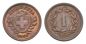 Швейцария 1 раппен 1866 B KM 3.1 бронза 1530-431