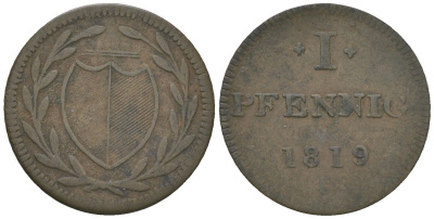 Франкфурт 1 пфенниг (юденпфенниг) 1819 KM Tn5, JuF 1997a медь 4169-753