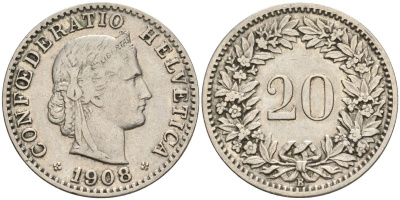 Швейцария 20 раппенов 1908 B KM 29 никель 4606-742
