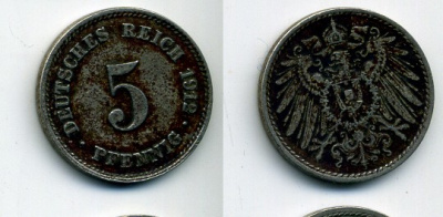 ГЕРМАНИЯ 5 ПФЕННИГОВ 1912 J, KM 11, J. 12 медно-никель 29-1127