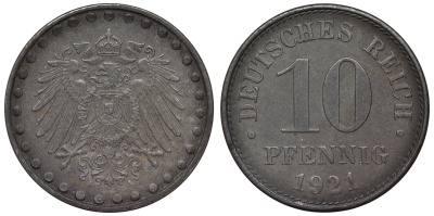 Германия 10 пфеннигов 1921 A KM 20, J. 298 железо 4119-146