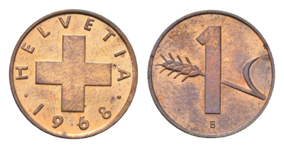 Швейцария 1 раппен 1968 B KM 46 бронза UNC 4708-252