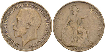 Великобритания 1 пенни 1915 Георг V (1910-1936) KM 810, Spink 4051 бронза 180-1146