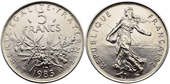Франция 5 франков 1985 сеятель, тираж 20111 экземпляров KM 926a.1, LE FRANC 341.17 медно-никель плакированный никелем  UNC  1530-1421