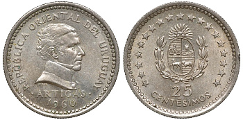 Уругвай 25 сентесимо 1960 KM 40 медно-никель 4169-866