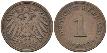 ГЕРМАНИЯ 1 ПФЕННИГ 1891 A KM 10, J. 10, Weege 2 медь 211-142