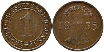 Германия 1 рейхспфенниг 1935 A KM 37, J. 313 бронза 179-662