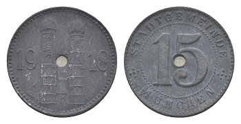 Мюнхен 15 пфеннигов 1918 Funck 348.1A, Men18 22407.1 цинк 3955-424