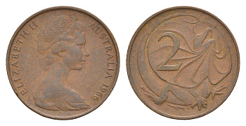 Австралия 2 цента 1966 Елизавета II (1952-2022), плащеносная ящерица KM 63 бронза 4655-1228
