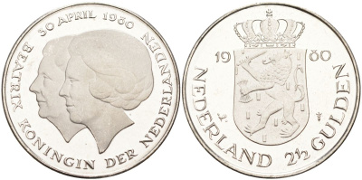 Нидерланды 2 1/2 гульдена 1980 коронация Беатрикс, 30 апреля 1980 KM 201 никель 4593-613