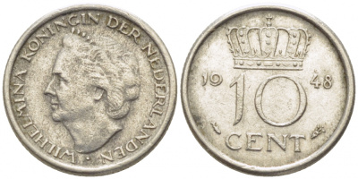 Нидерланды 10 центов 1948 Вильгельмина (1895-1948) KM 177 никель 112-255