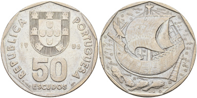Португалия 50 эскудо 1986 парусник, первый год KM 636 медно-никель    4157-733