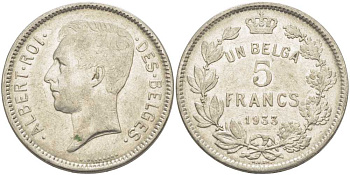 БЕЛЬГИЯ 5 ФРАНКОВ 1933 АЛЬБЕРТ I, DES BELGES KM 97.1 никель 3851-246