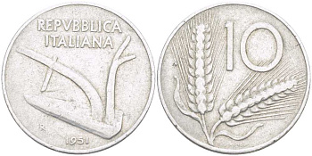 ИТАЛИЯ 10 ЛИР 1951 R, ПЛУГ, КОЛОСЬЯ KM 93 алюминий 175-332