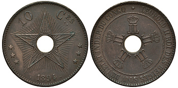 Бельгийское Конго 10 сантимов 1894 LW KM 4 медь 5010-114