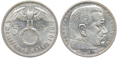 Германия 5 рейхсмарок 1938 E, Гинденбург КМ 94 J.367 серебро 36-731