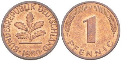 ФРГ 1 ПФЕННИГ 1980 D KM 105, J. 380 сталь плакированная медью 4181-639