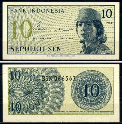 Индонезия 10 сенов 1964 девушка волонтер Pick 92 a бумага UNC (пресс) 6299-1-3-2