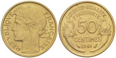 ФРАНЦИЯ 50 САНТИМОВ 1941 ТИП MORLON KM 894.1, LE FRANC 192.18 алюминиевая бронза 44-451