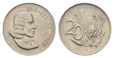 ЮАР 20 центов 1965 Ян ван Рибек (1619-1677), Suid Africa, легенда на африкаанс, цветок протея KM 69.2 никель 4693-652