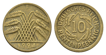 Германия 10 рентенпфеннигов 1924 F KM 33, J. 309 алюминиевая бронза 4697-745