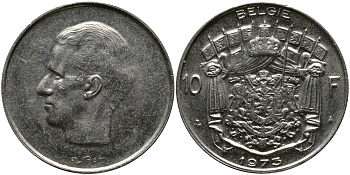 БЕЛЬГИЯ 10 ФРАНКОВ 1973 BELGIE, БОДУЭН I (1951-1993) KM 156.1 никель 3333-1043