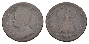 Великобритания 1 фартинг 1754 Георг II (1727-1760) KM 581.2, Spink 3722 медь 1522-643