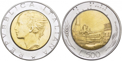 ИТАЛИЯ 500 ЛИР 1989 R KM 111 биметалл 175-1011