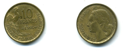 ФРАНЦИЯ 10 ФРАНКОВ 1955 KM 915.1 алюминиевая бронза 59-1132